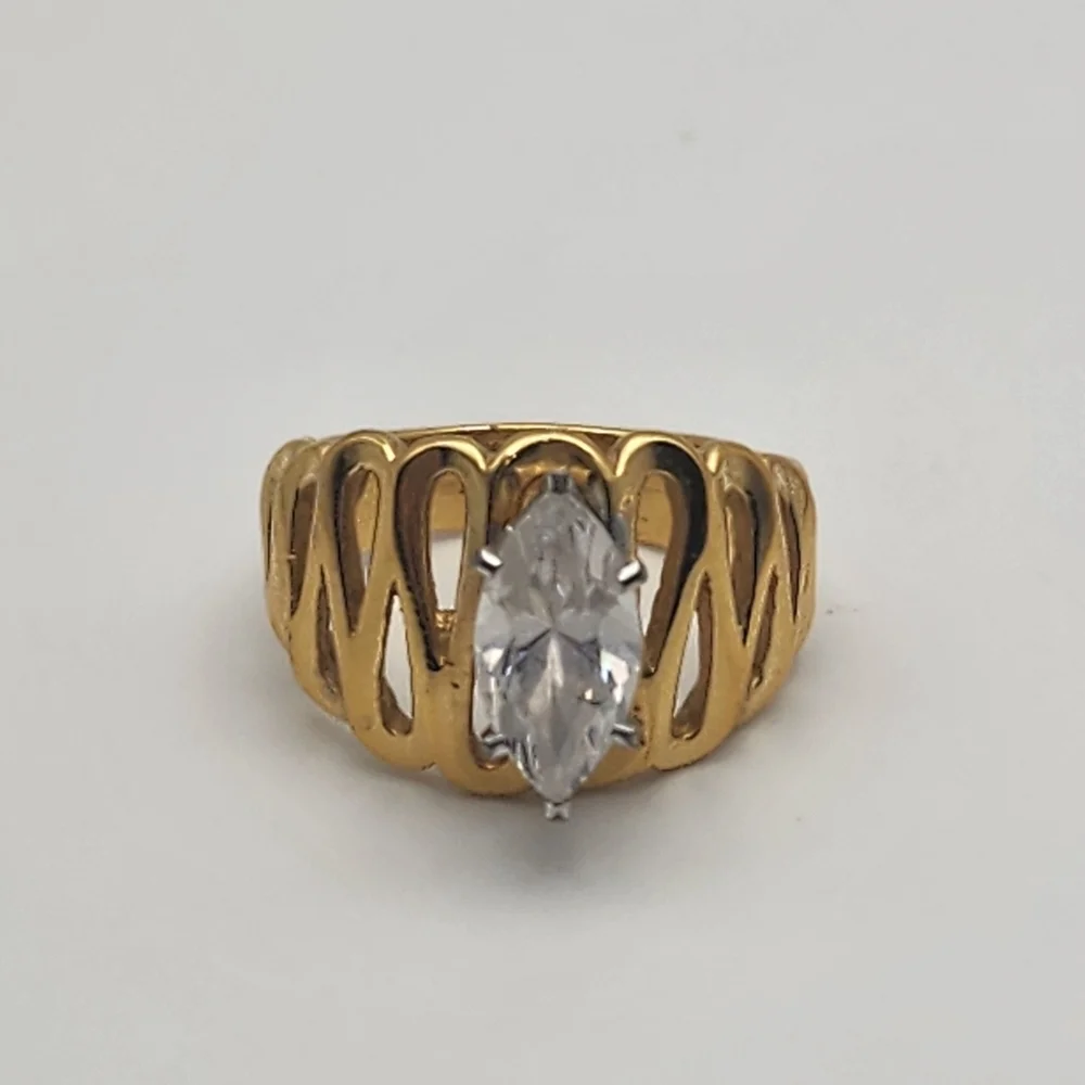 Vintage Vargas 18KT GE & Marquise Solitaire Rhinestone Ring (7.25)